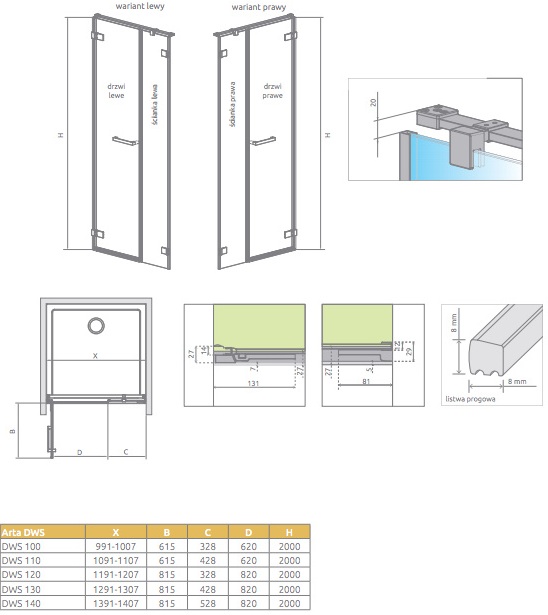 Radaway Arta DWS/R 31.5x200 (386091-03-01R) Габаритні розміри