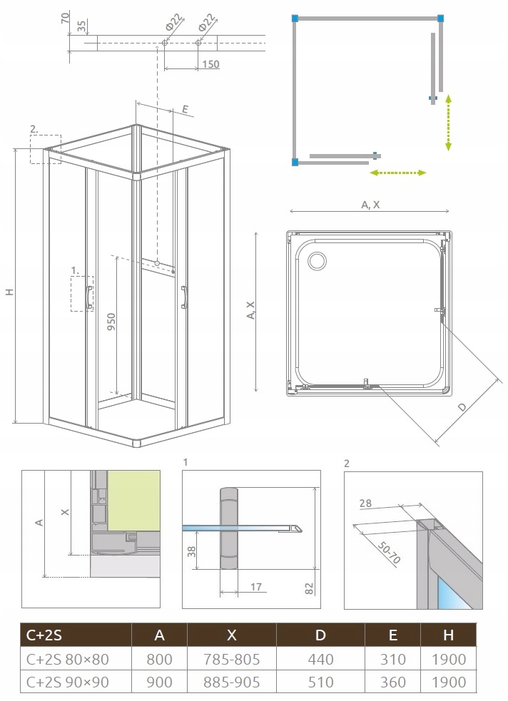 Radaway Premium Plus 2S 90x190 (33433-01-01N) Габаритні розміри