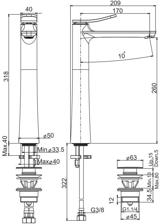 Fima Carlo Frattini Flo (F3801-HCR) Габаритные размеры