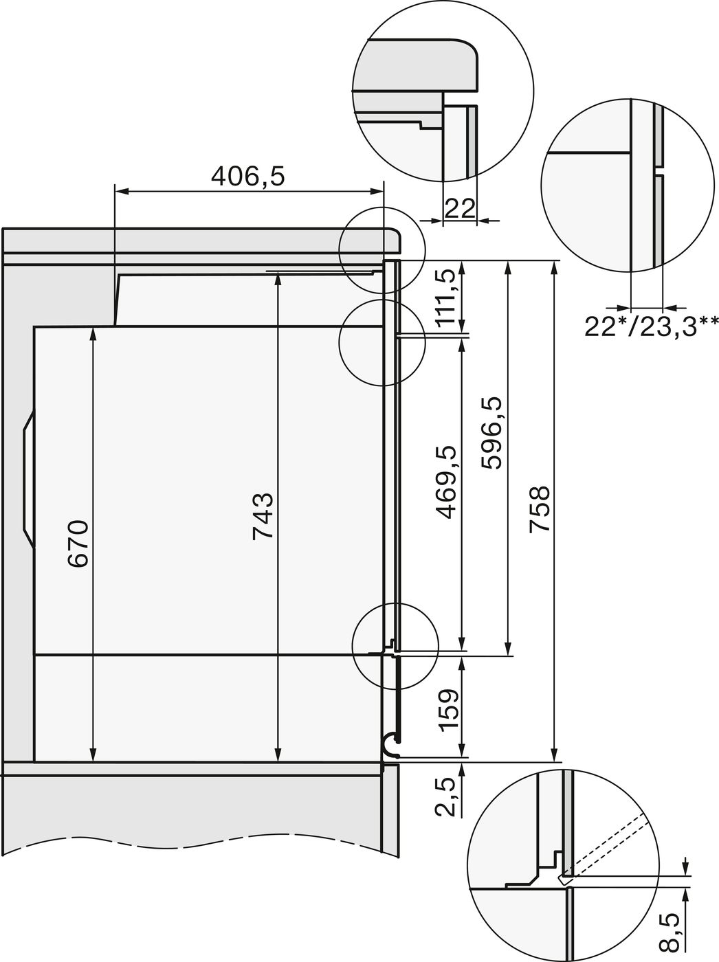 Miele H 2861 B Clean Steel Габаритні розміри