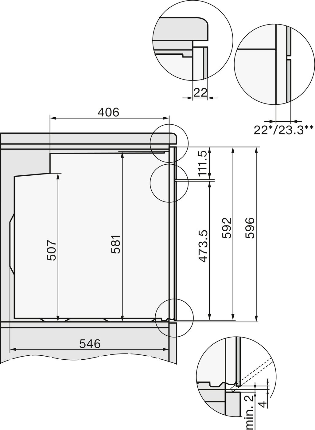 Miele H 2465 B OBSW/EDST-LOOK Габаритні розміри