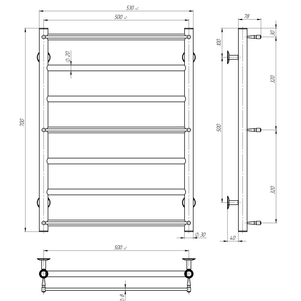 Deffi Ladder П7 500*700 Е Хром, EF16, Левое подключение (C.LK.70.50.7.E.C.L.5) Габаритные размеры
