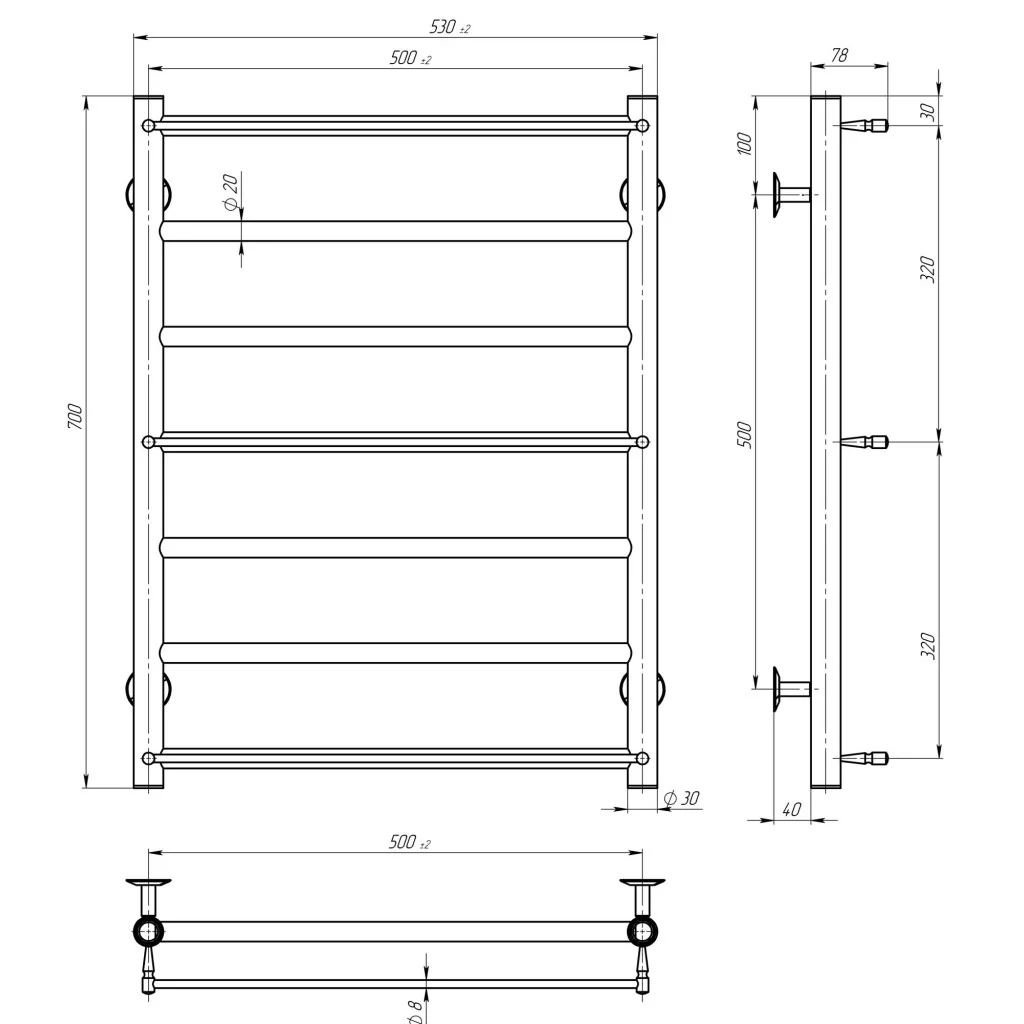 Deffi Ladder П7 500*700 Е Хром, JD03, Правое подключение (C.LK.70.50.7.E.C.R.1) Габаритные размеры
