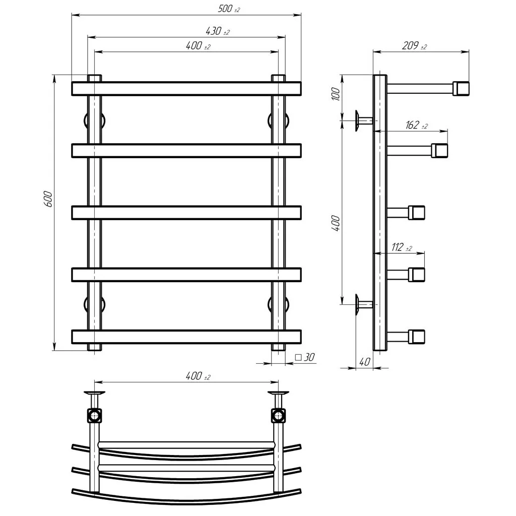 Deffi Lotos П5 400*600 Е Білий, WD04, Праве підключення (A.LO.60.40.5.E.W.R.4) Габаритні розміри