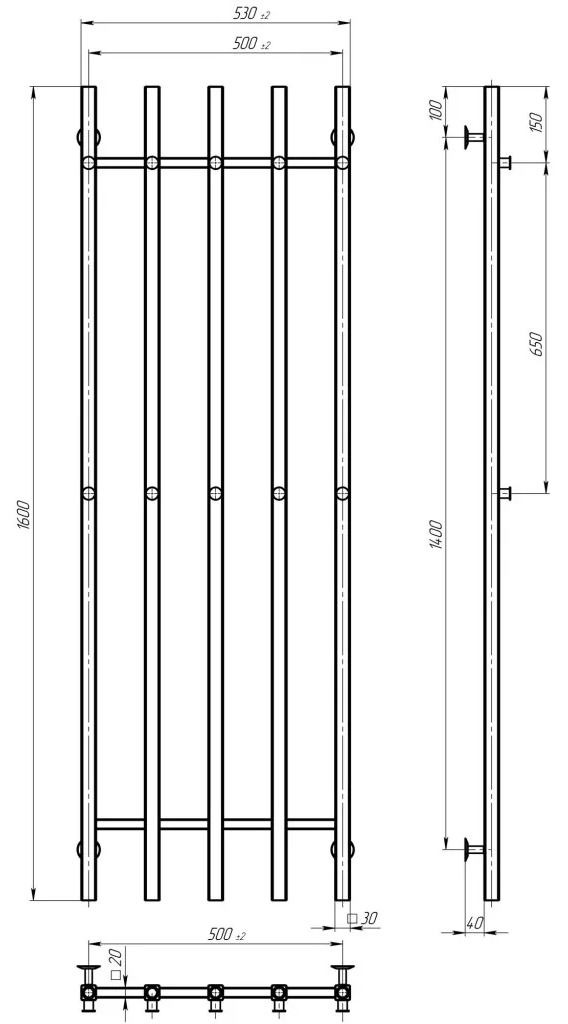 Deffi Split П5 500*1600 Е Чорний, JD04, Праве підключення (A.SP.160.50.5.E.B.R.2) Габаритні розміри