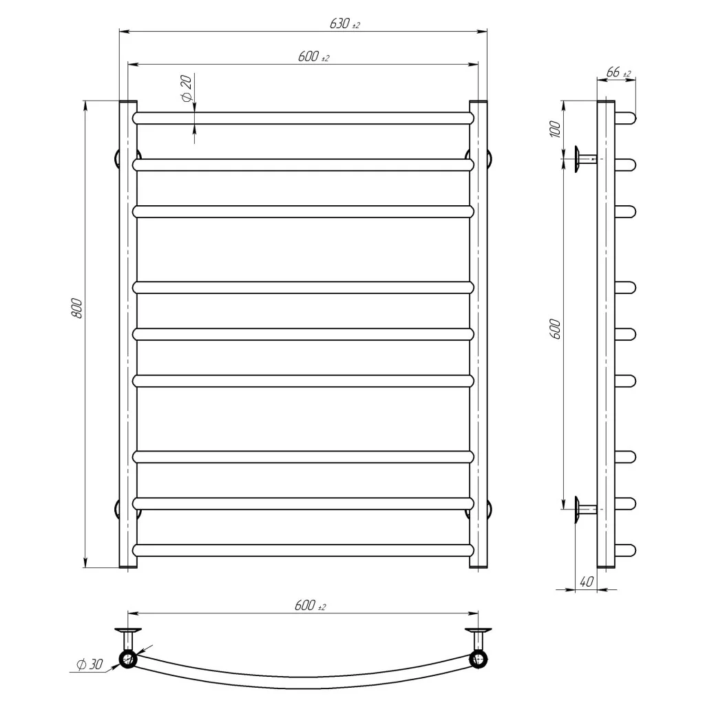Deffi Классик Элит П9 600*800 Хром, Нижнее подключение (C.KE.80.60.9.C.A) Габаритные размеры