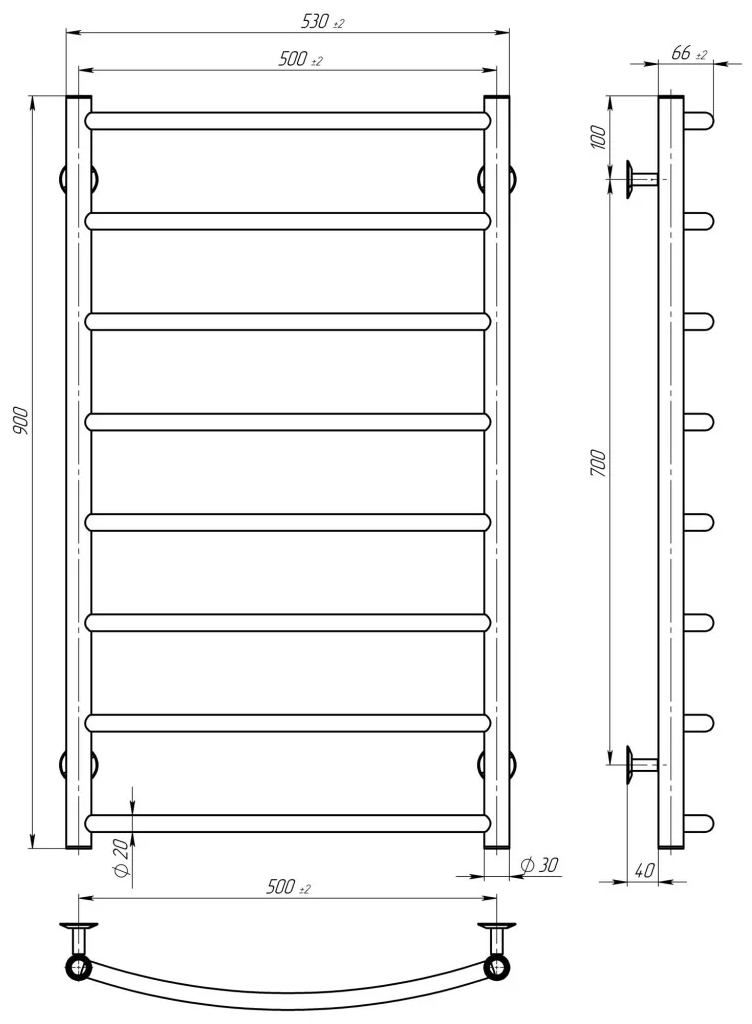 Deffi Классик П8 500*900 E Хром, EF16, Левое подключение (C.DK.90.50.8.E.C.L.5) Габаритные размеры