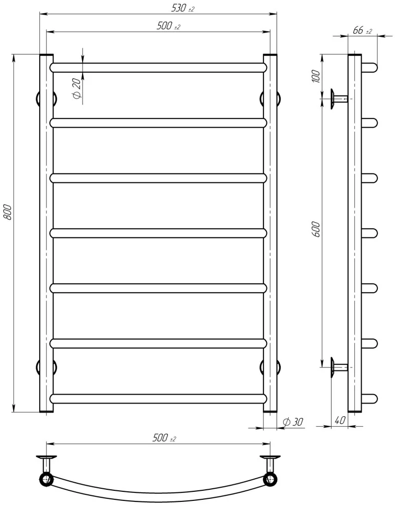 Deffi Классик П7 500*800 Е Черный, EF16, Левое подключение (C.DK.80.50.7.E.B.L.5) Габаритные размеры