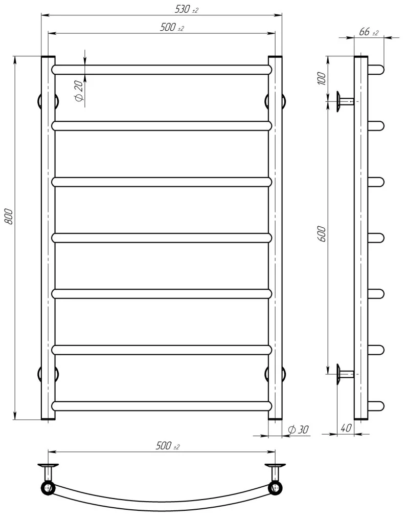 Deffi Классик П7 500*800 Е Хром, JD03, Левое подключение (C.DK.80.50.7.E.C.L.1) Габаритные размеры