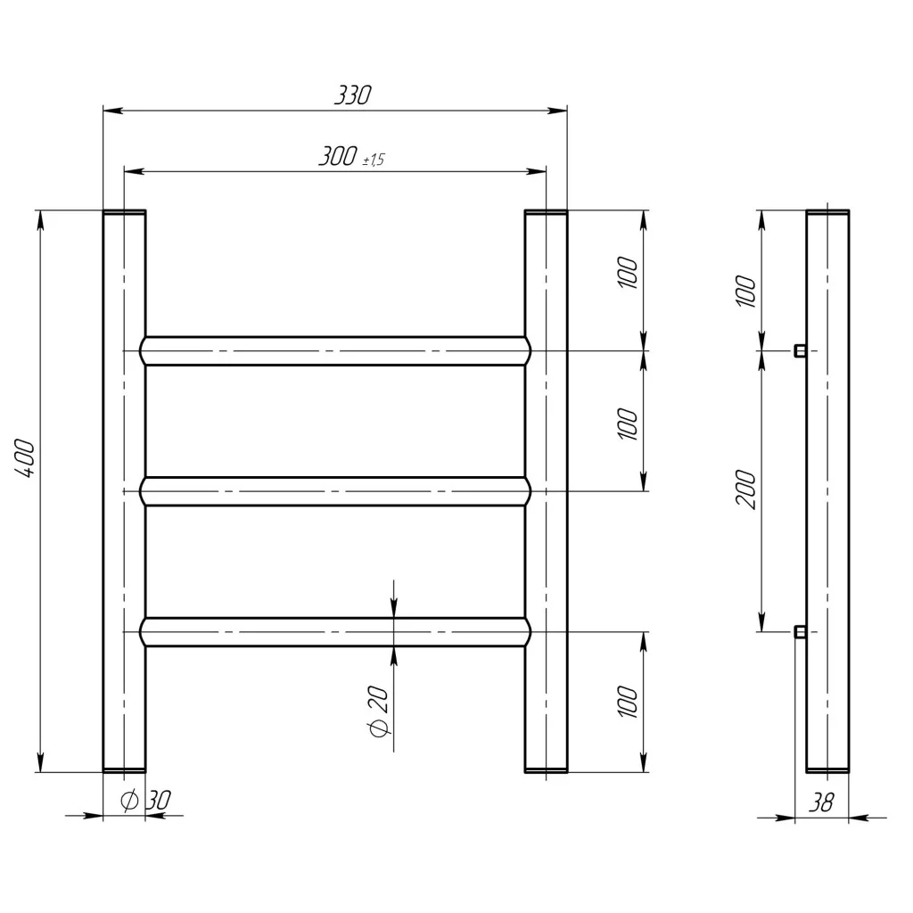 Deffi Орион П3 300*400 Е Черный, EF16, Левое подключение (C.OR.40.30.3.E.B.L.5) Габаритные размеры