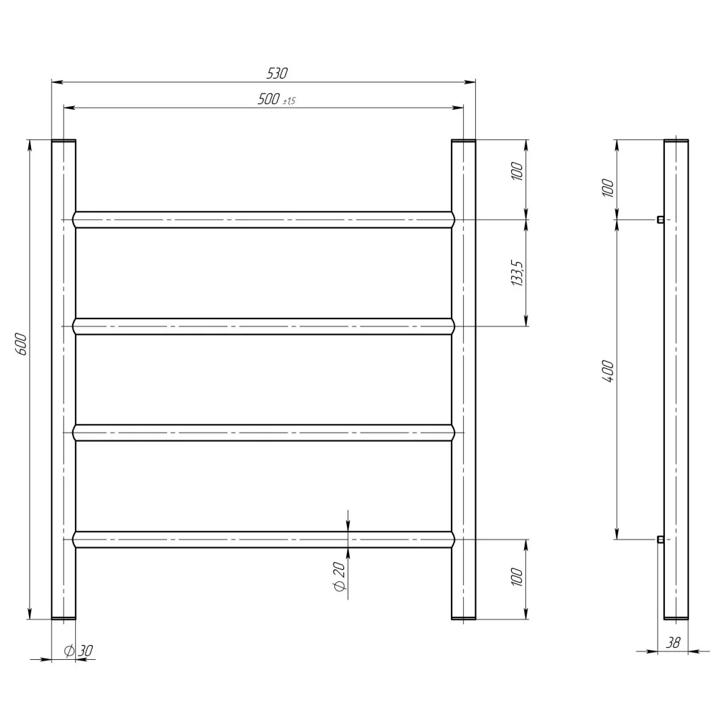 Deffi Орион П4 500*600 Черный, Нижнее подключение (C.OR.60.50.4.B.A) Габаритные размеры