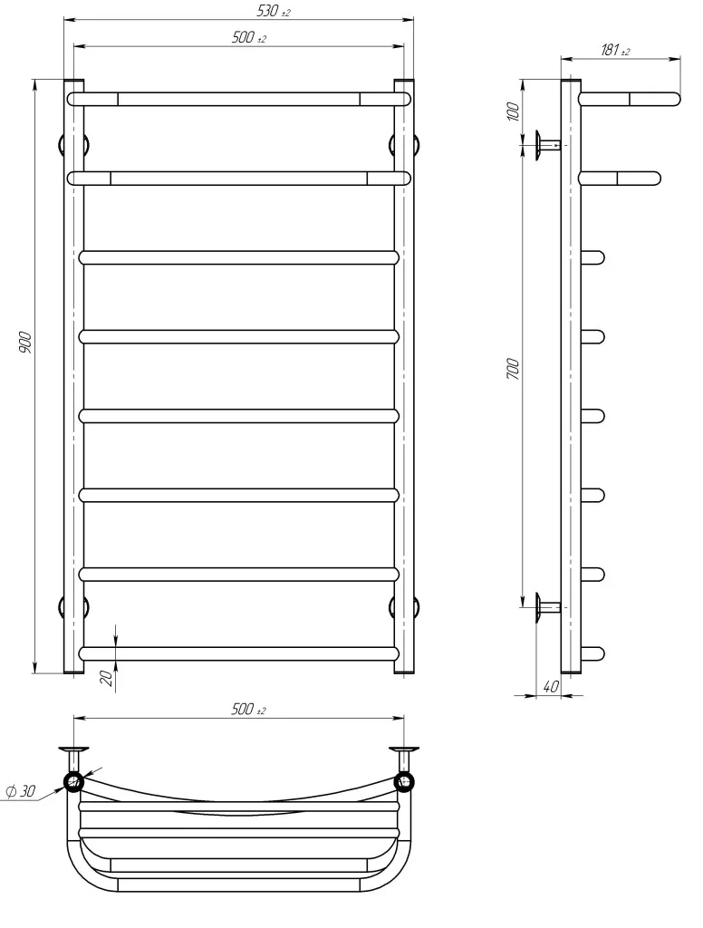 Deffi Отель П8 500*900 Е Черный, EF16, Правое подключение (C.OD.90.50.8.E.B.R.5) Габаритные размеры
