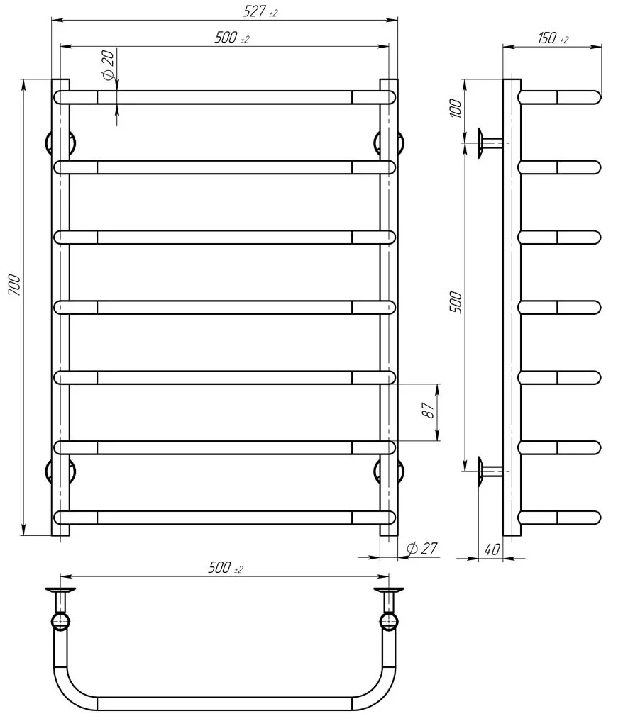 Deffi Стандарт ЧФ П7 500*700 Е Белый, EF16, Правое подключение (D.SS.70.50.7.E.W.R.5) Габаритные размеры
