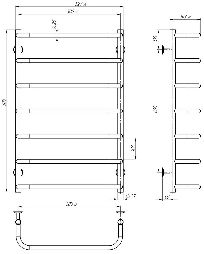 Deffi Стандарт ЧФ П7 500*800 Е Белый, EF16, Левое подключение (D.SS.80.50.7.E.W.L.5) Габаритные размеры