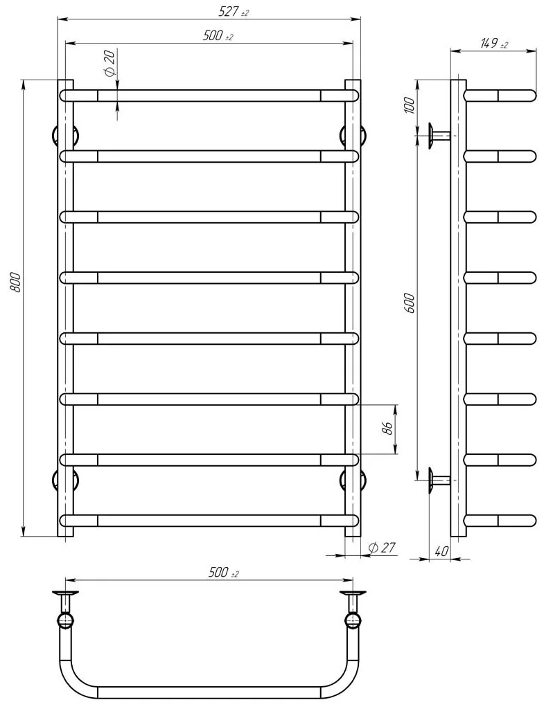 Deffi Стандарт ЧФ П8 500*800 Е Белый, EF16, Правое подключение (D.SS.80.50.8.E.W.R.5) Габаритные размеры