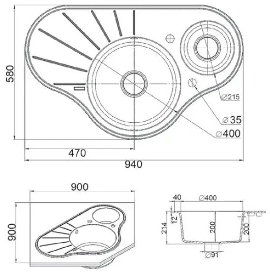 Fabiano Arc 94x58x15 Antracit (8221.201.0277) Габаритные размеры