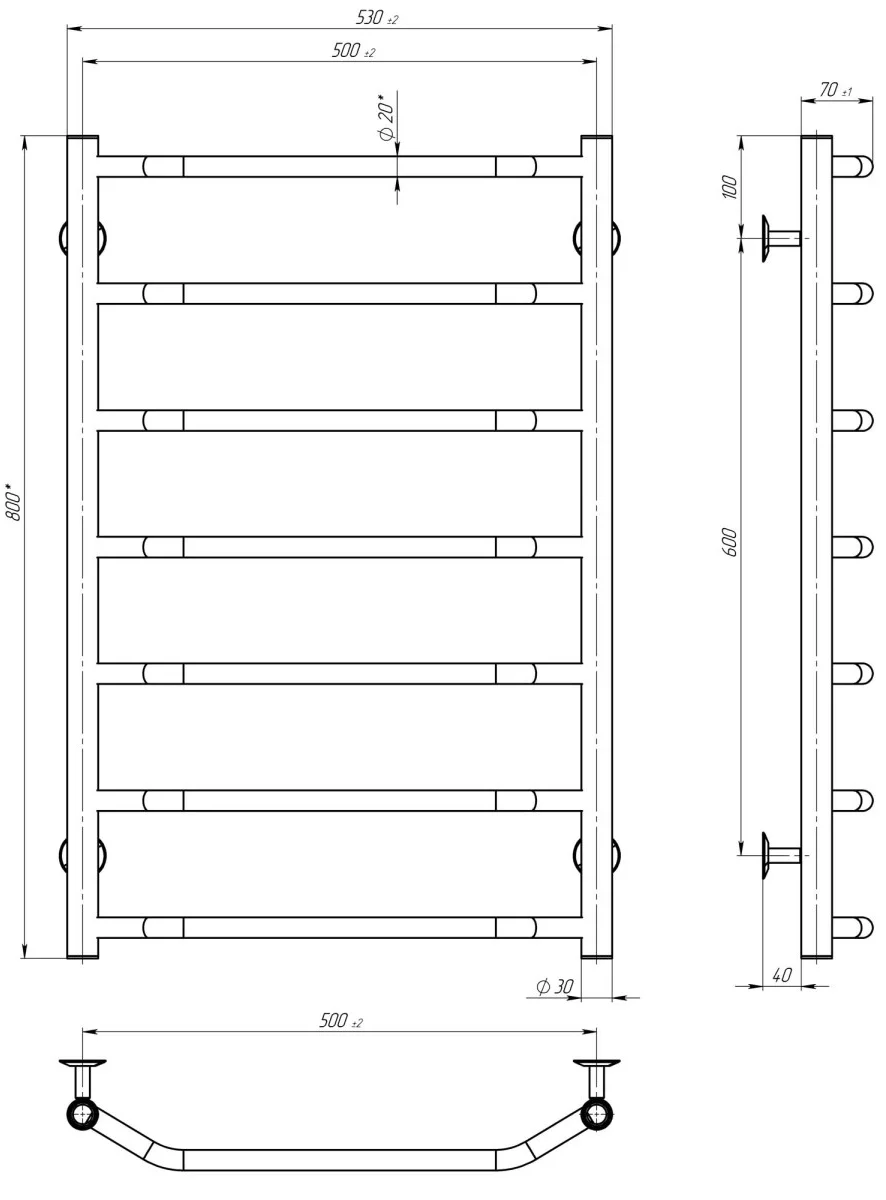Deffi Трапеція П7 500*800 Хром, Нижнє підключеня (C.TR.80.50.7.C.A) Габаритні розміри