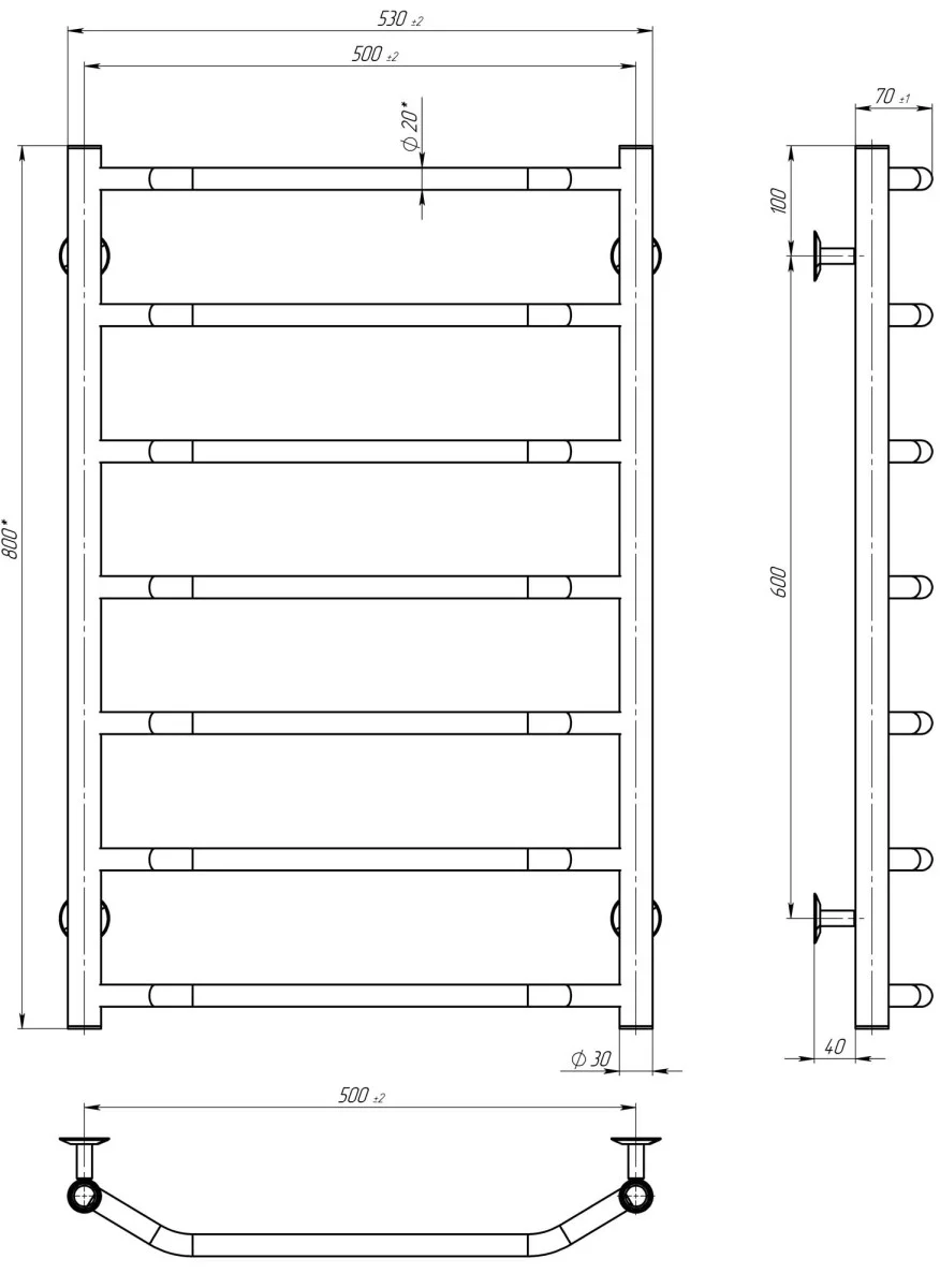 Deffi Трапеція П7 500*800 Е Хром, JD03, Ліве підключення (C.TR.80.50.7.E.C.L.1) Габаритні розміри