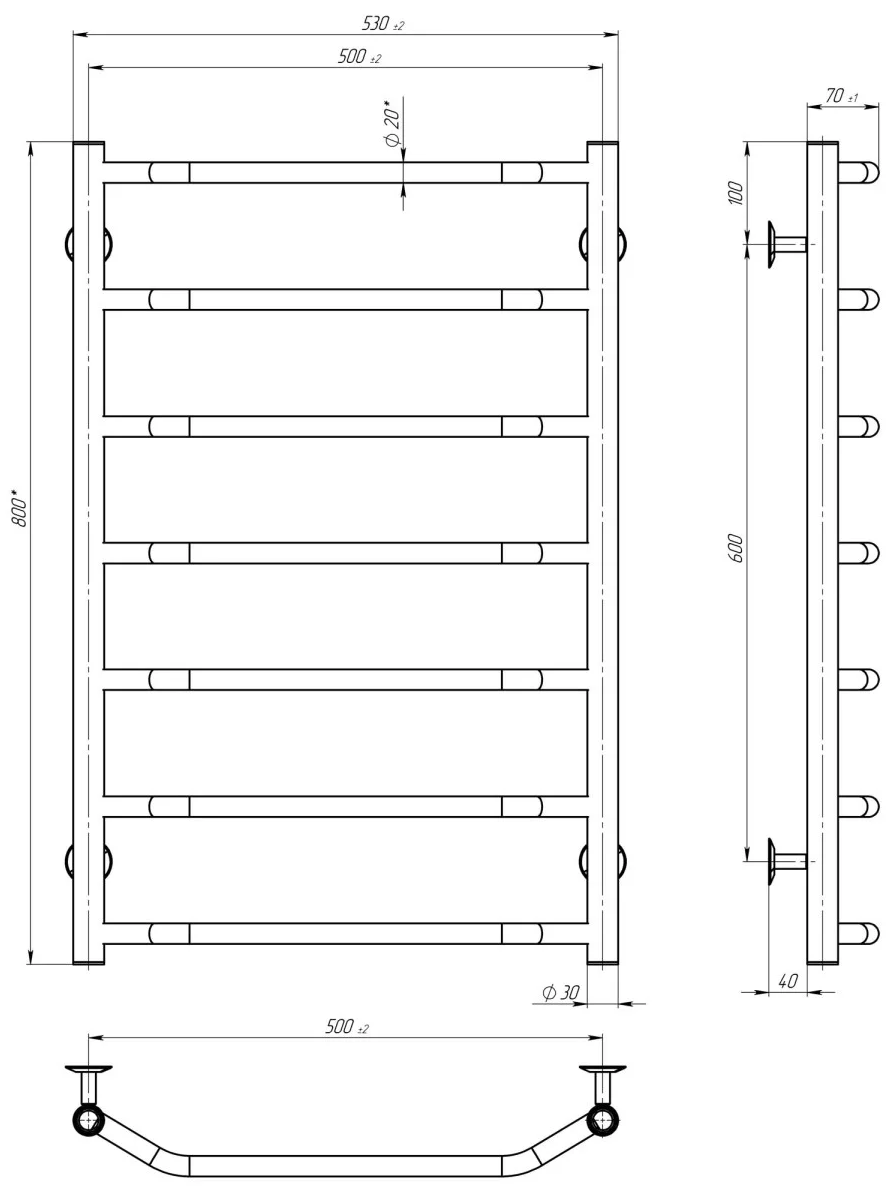 Deffi Трапеція П7 500*800 Е Хром, JD03, Праве підключення (C.TR.80.50.7.E.C.R.1) Габаритні розміри