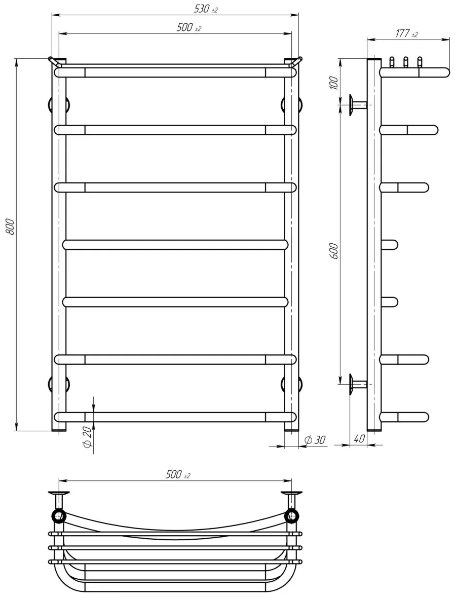 Deffi Юність П7 500*800 Е Хром, JD03, Ліве підключення (C.YU.80.50.7.E.C.L.1) Габаритні розміри