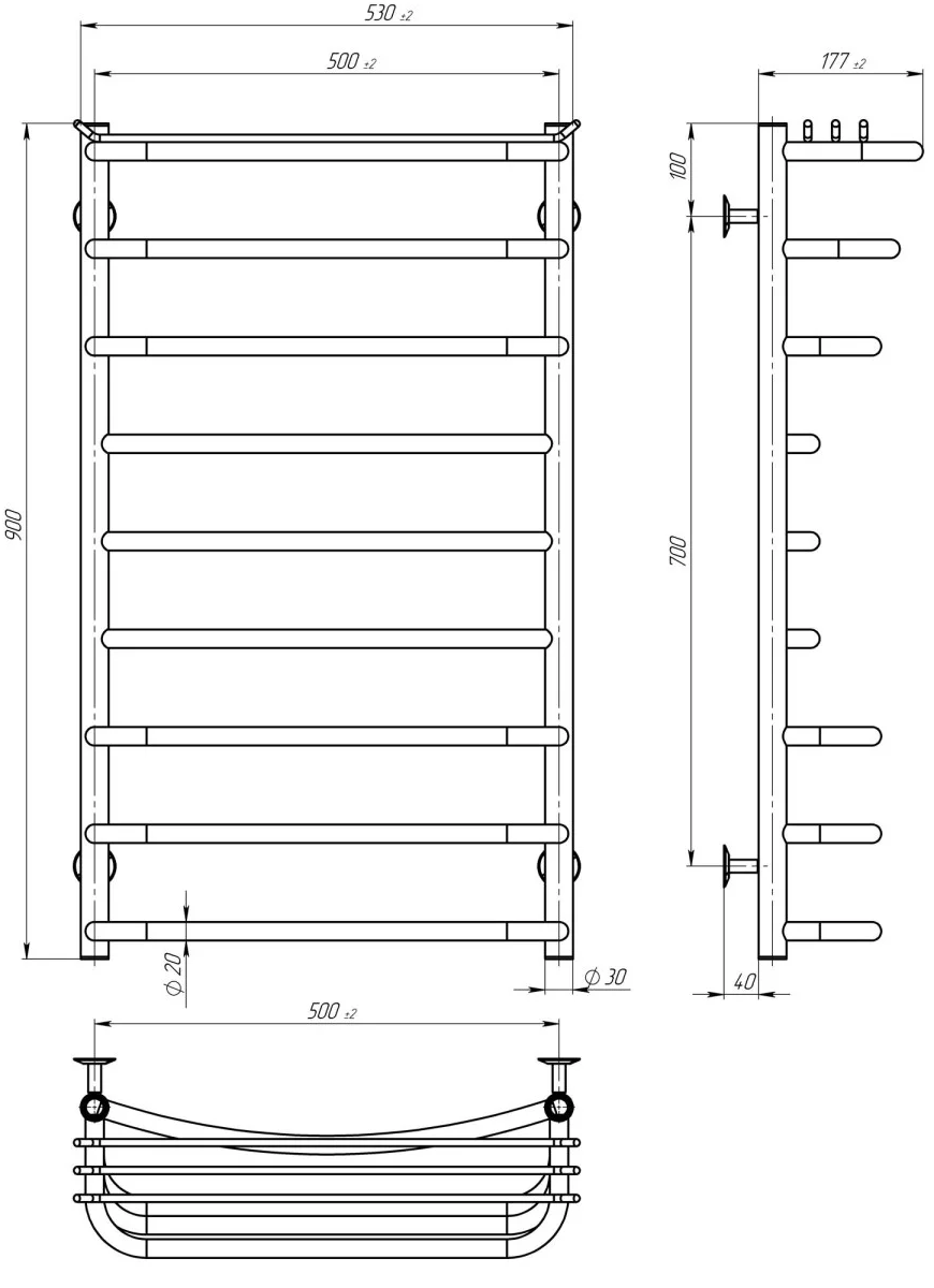 Deffi Юность П9 500*900 Е Хром, JD03, Правое подключение (C.YU.90.50.9.E.C.R.1) Габаритные размеры
