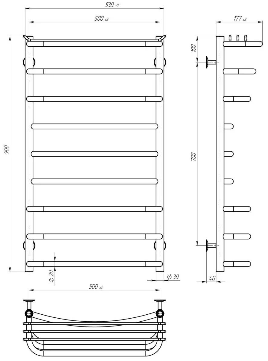 Deffi Юность П9 500*900 Е Хром, EF16, Левое подключение (C.YU.90.50.9.E.C.L.5) Габаритные размеры