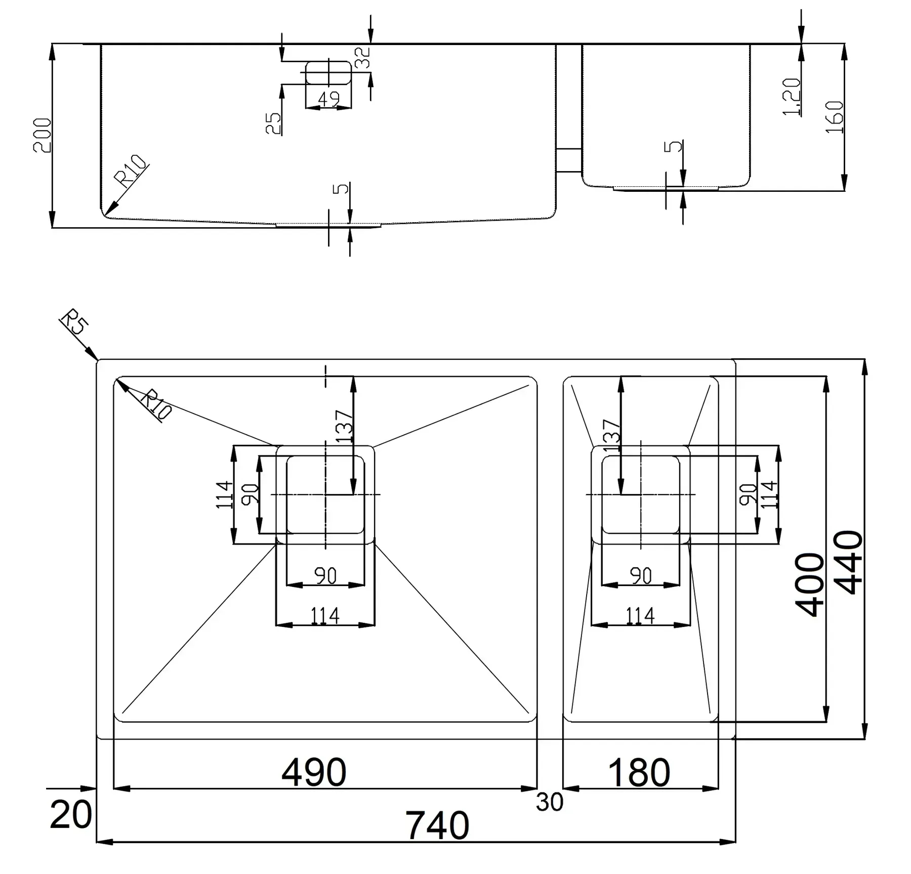 Fabiano Quadro 74 Right (чаша справа) 1,20 мм (8216.401.0900) Габаритные размеры