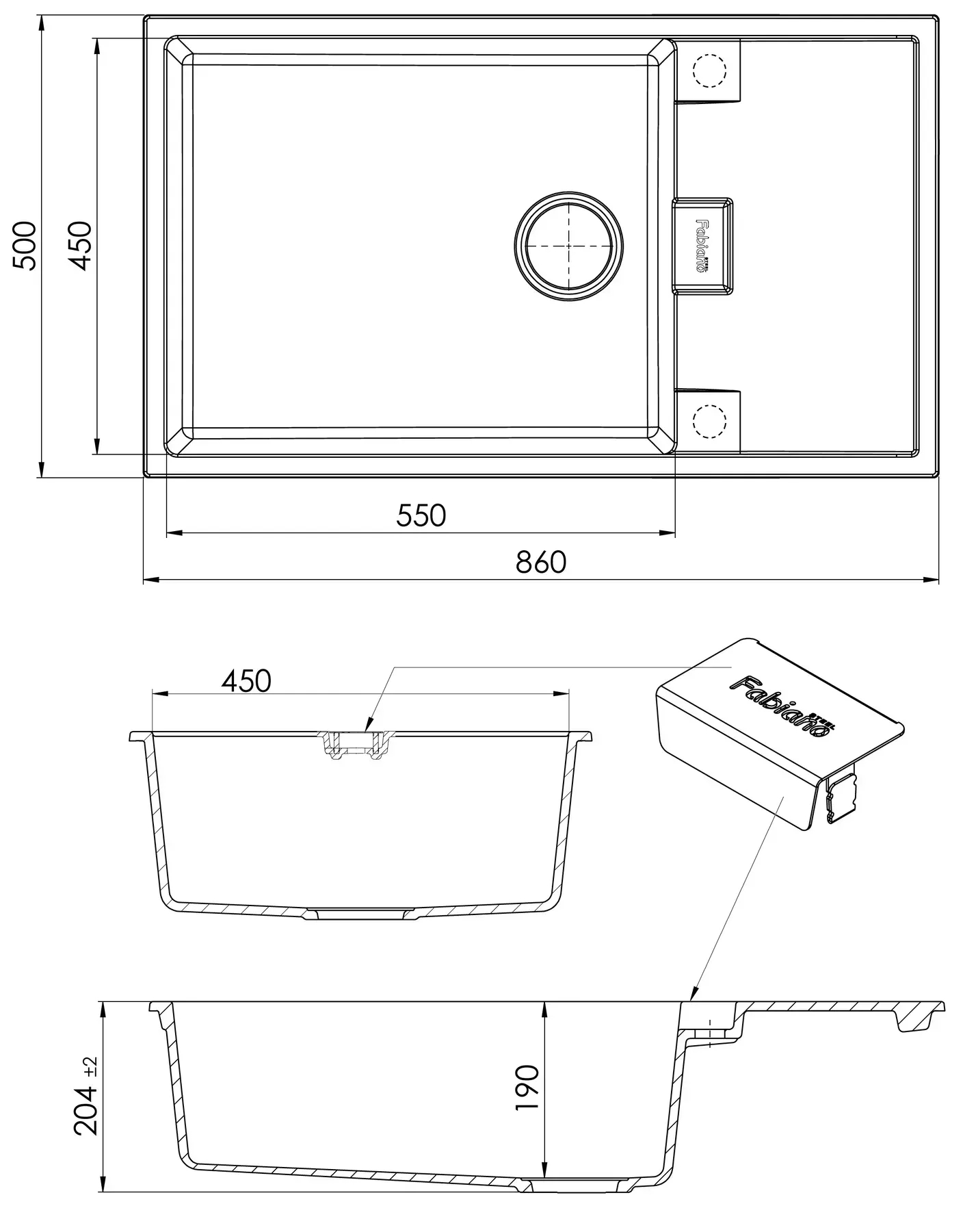 Fabiano Cubix 86x50 XL Grey Metallic (8221.201.0974) Габаритные размеры