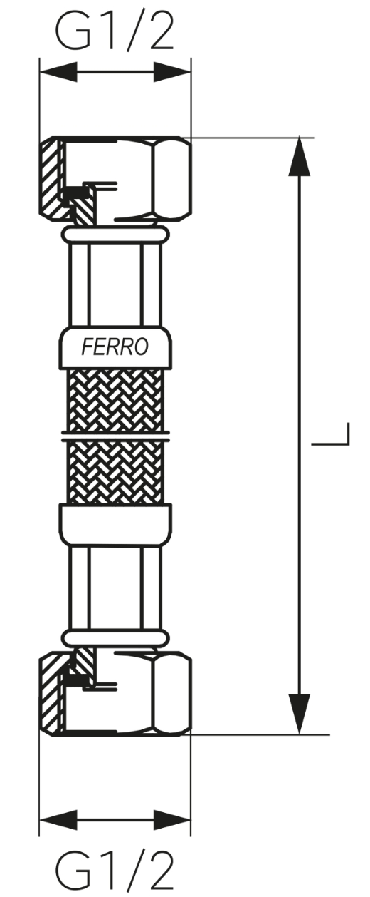 Ferro PWS01, L=250mm, 1/2" (врезной-врезной) Габаритные размеры