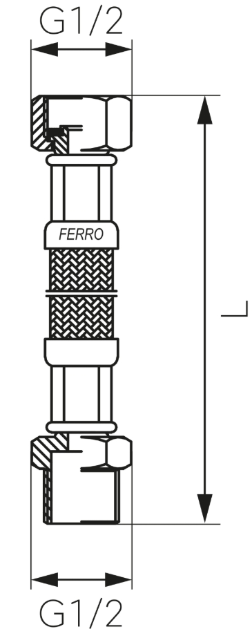 Ferro PWS9, L=1000mm, 1/2" (врезной-врезной) Габаритные размеры