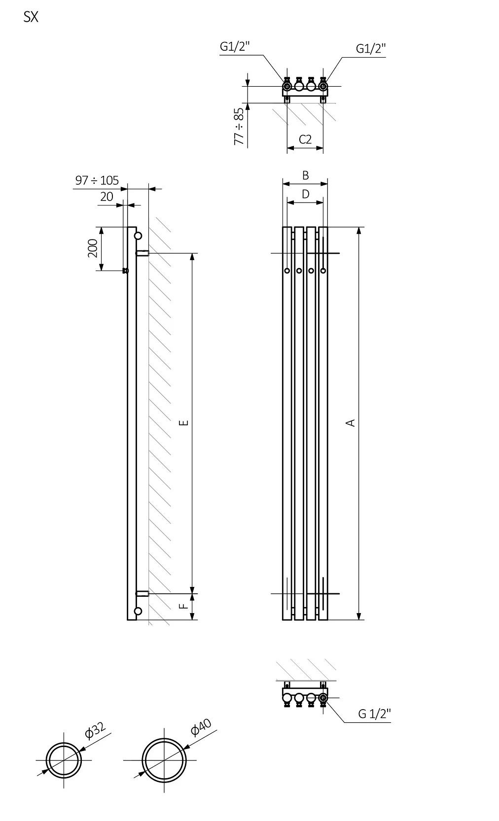 Terma Rolo Hanger 1200x150 Ral 9016 matt (WGROW120015KJ16SX) Габаритные размеры