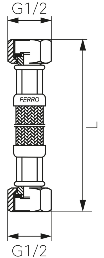 Ferro PWS40, L=2000mm, 1/2" (врезной-врезной) Габаритные размеры
