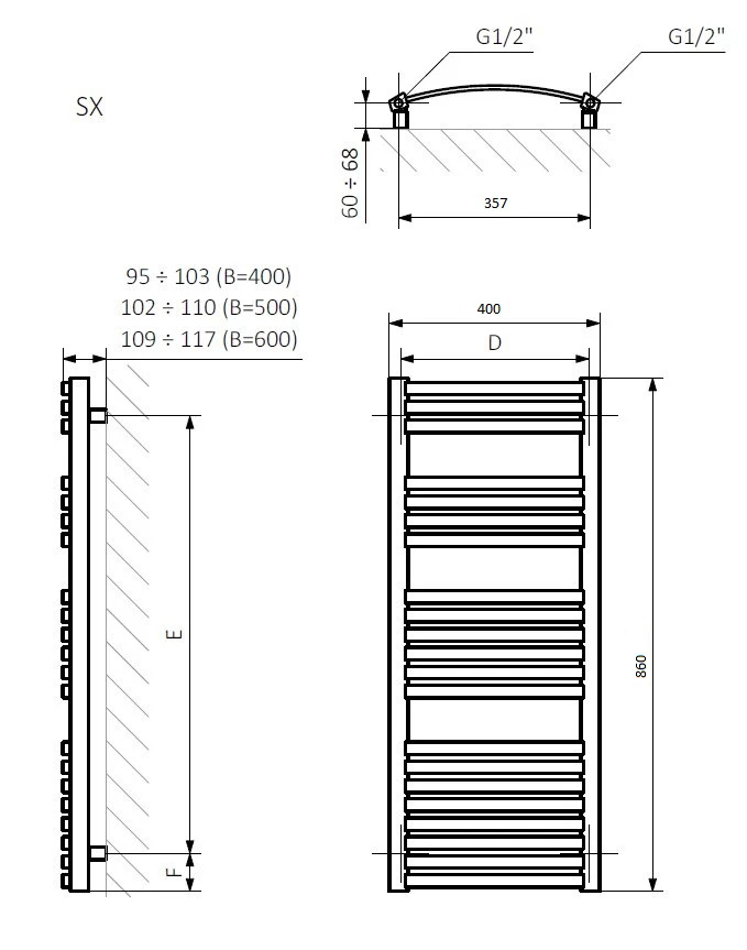 Terma Dexter 860x400 (WGDEX086040KCROSX) Габаритні розміри
