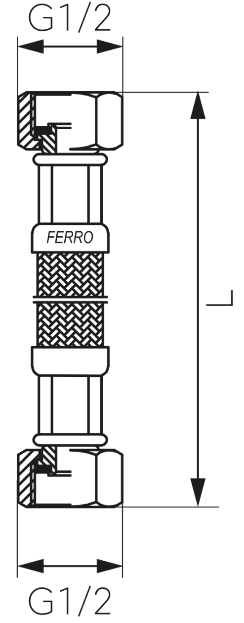 Ferro PWS5, L=600mm, 1/2" (врезной-врезной) Габаритные размеры