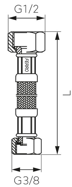 Ferro PWS86, L=800mm, 1/2"-3/8" (врезной-врезной) Габаритные размеры