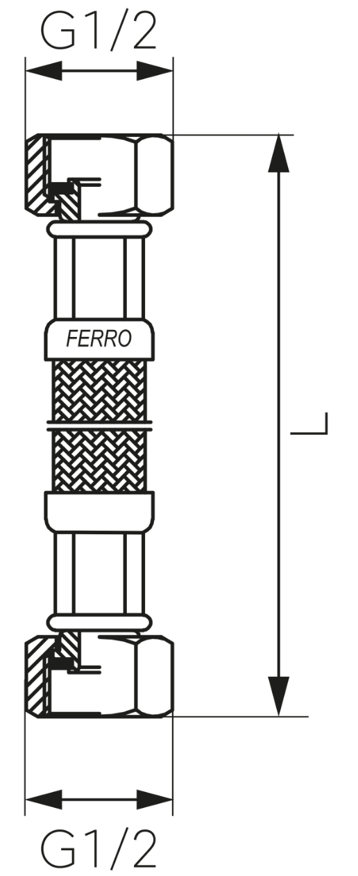 Ferro PWS7, L=800mm, 1/2" (врезной-врезной) Габаритные размеры