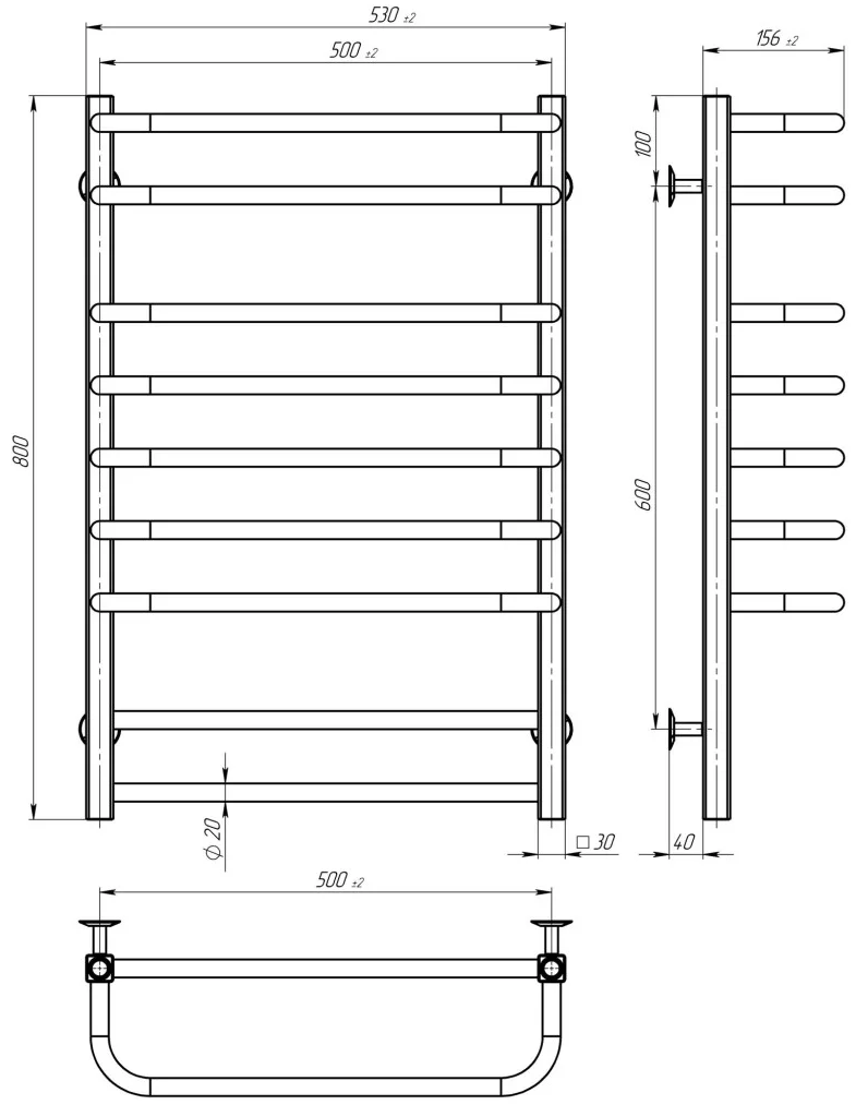 Deffi Lux П9 500*800 Хром, Нижнє підключення (A.LU.80.50.9.C.A) Габаритні розміри