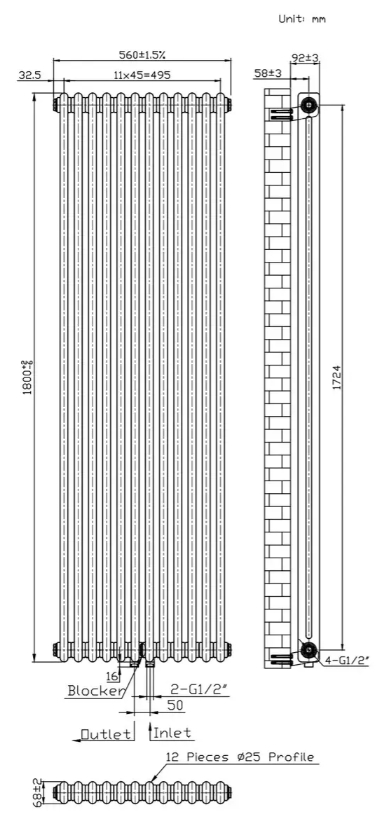 Warm Well Column 2 1800x560 (CL218056MB) Габаритні розміри