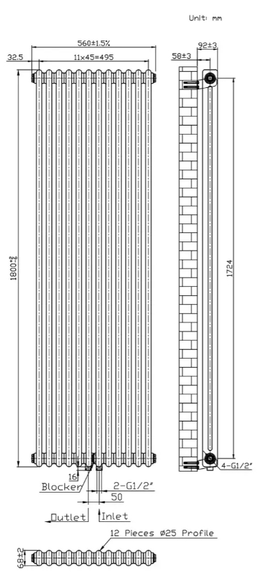 Warm Well Column 2 1800x560 (CL218056W) Габаритні розміри