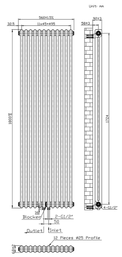 Warm Well Column 2 1800x560 металік Габаритні розміри