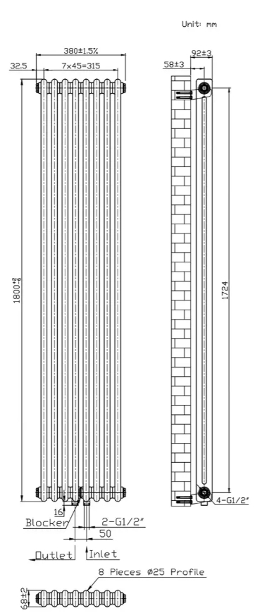 Радіатор для опалення Warm Well Column 2 1800x470 (CL318047RM) металік характеристики - фотографія 7