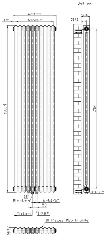 Warm Well Column 2 1800x470 (CL218047MB) чорний Габаритні розміри
