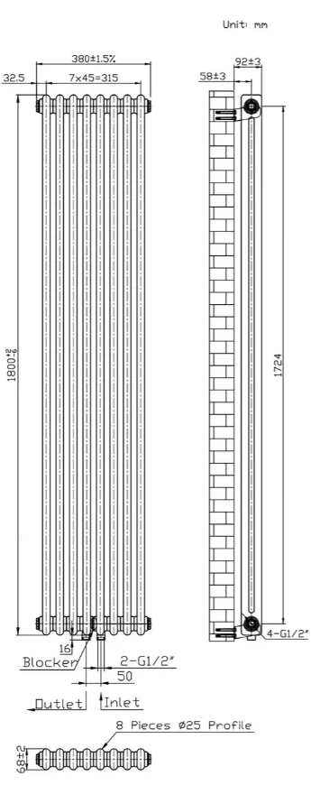 Warm Well Column 2 1800x380 (CL218038MB) чорний Габаритні розміри