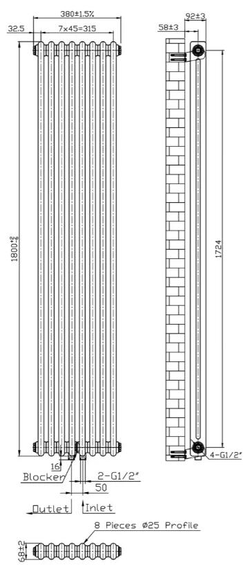 Warm Well Column 2 1800x380 (CL318038RM) металик Габаритные размеры