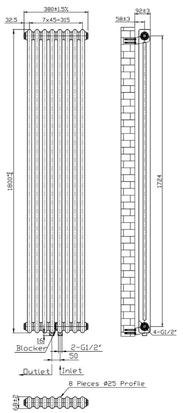 Warm Well Column 2 1800x380 (CL218038W) білий Габаритні розміри