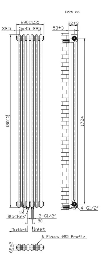 Warm Well Column 2 1800x290 (CL318029RM) металік Габаритні розміри