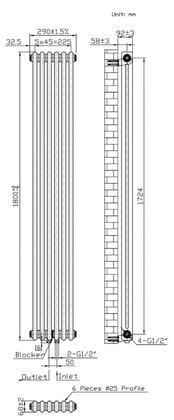 Warm Well Column 2 1800x290 (CL218029W) белый Габаритные размеры