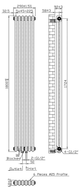 Warm Well Column 2 1800x290 (CL218029MB) черный Габаритные размеры