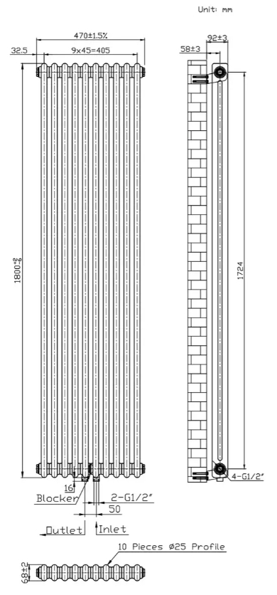 Warm Well Column 2 1800x470 (CL218047W) білий Габаритні розміри