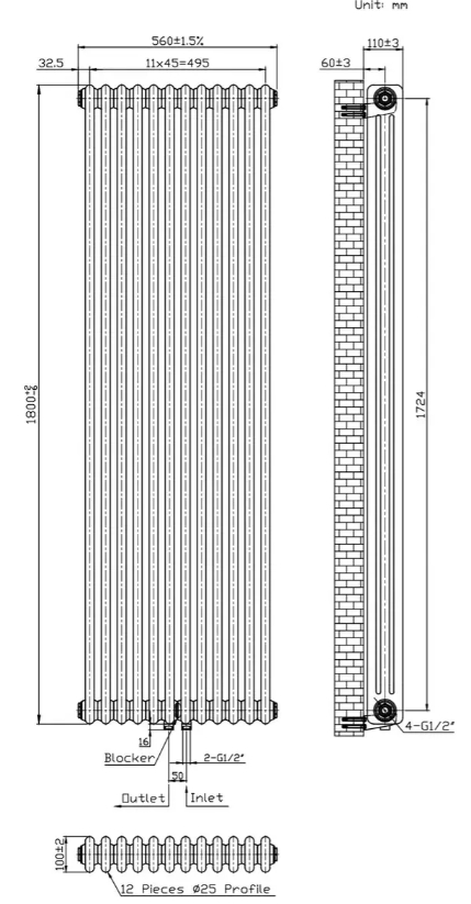 Warm Well Column 3 1800x560 (CL318056MB) чорний Габаритні розміри
